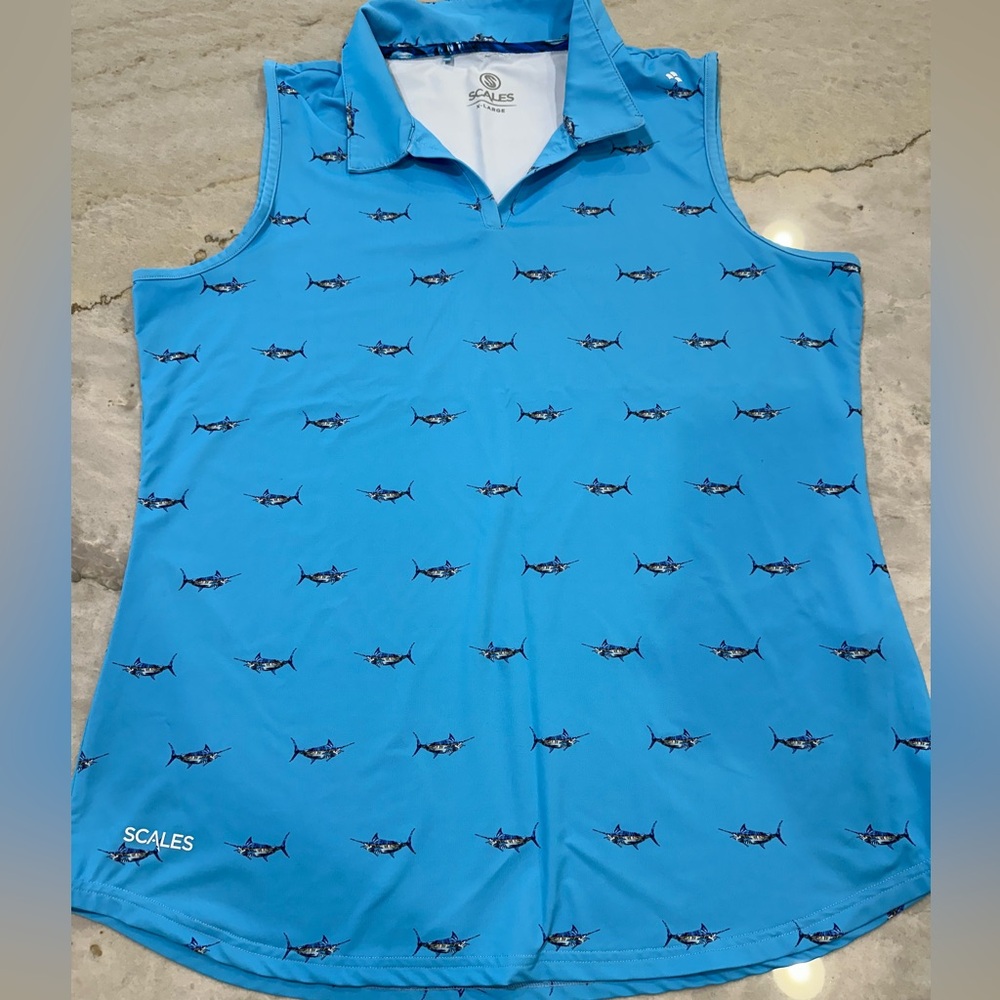 Scales Sleeveless Blue Marlin Print Polo